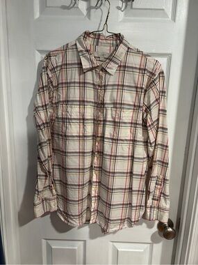 LOFT Cream Plaid Button-Down Shirt with Multi Color Lines